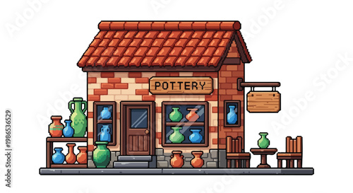This pixel art vector showcases a quaint pottery store featuring brick walls, red tiles, and colorful ceramic vases displayed in various spots.