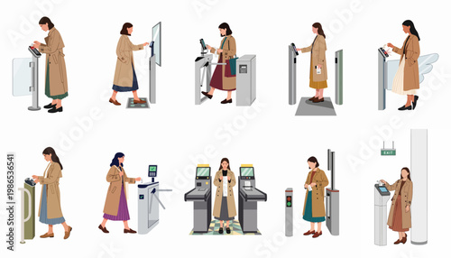 Flat vector illustration collection of a woman in a trench coat interacting with various automated gates, transit turnstiles, and electronic payment kiosks.