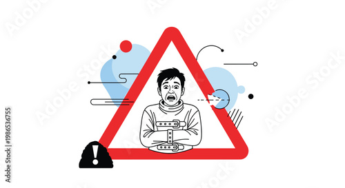 Conceptual illustration of a frightened man in a white straitjacket confined within a large red warning triangle symbol.