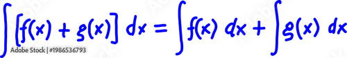 Handwritten calculus equation showing integral of a sum rule, illustrating mathematical concept of integration, functions, and algebra in a clean minimal style.