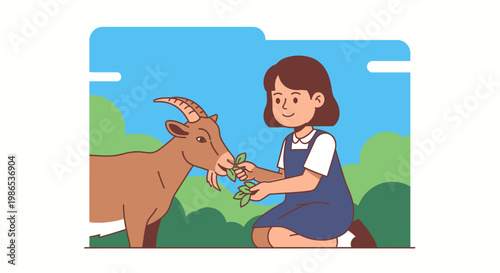 Girl Feeding a Young Goat.