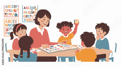 Children and teacher in classroom setting.