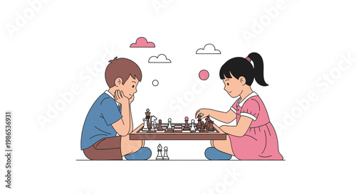 Children playing chess game together.