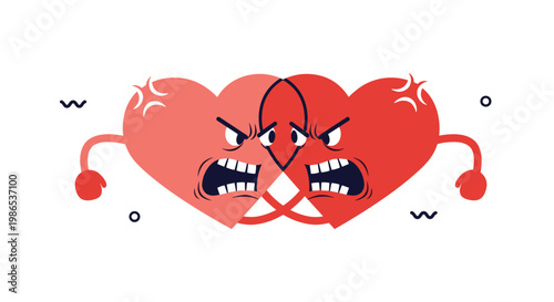 Cartoon illustration of two red heart characters with angry expressions and clenched teeth in a heated confrontation.