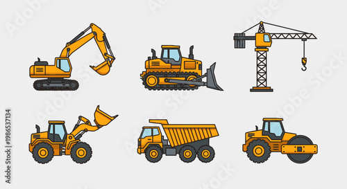 Heavy construction vehicles icons set.