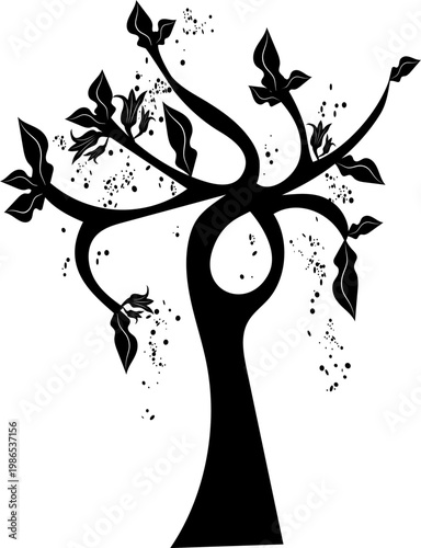 Silhouette of a tree with flowers and leaves for printing on clothes, postcards, websites.