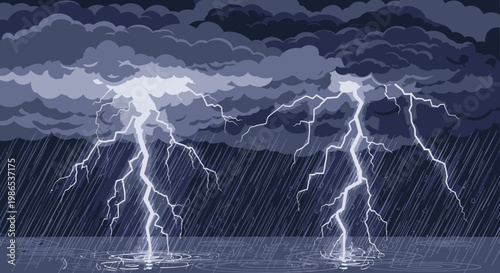 Lightning Strikes Ocean Water Surface.