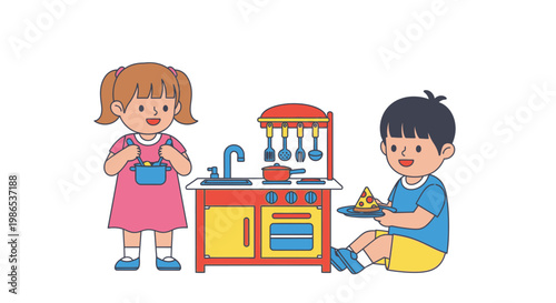Children playing with toy kitchen set.
