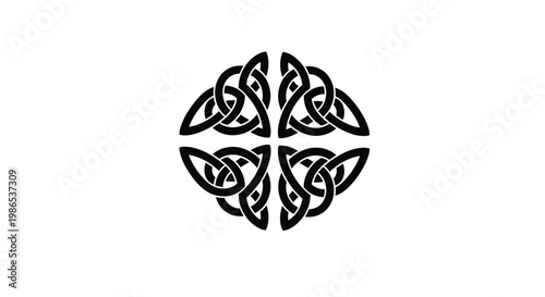 Symmetrical black Celtic knot icon featuring four intertwined sections forming a cross-like shape on a white background.