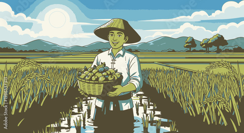 Asian farmer holding green produce.