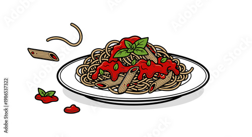 Spaghetti with tomato sauce and basil.