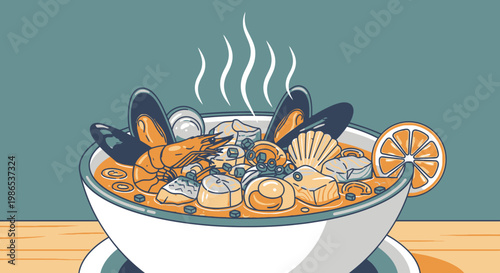 Steaming bowl of seafood soup 1.