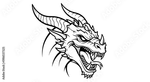 Dragon head with sharp horns and teeth.