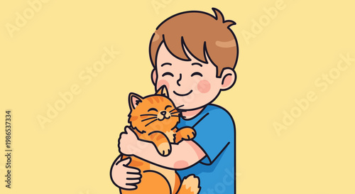 Boy Holding Cuddling Orange Cat.