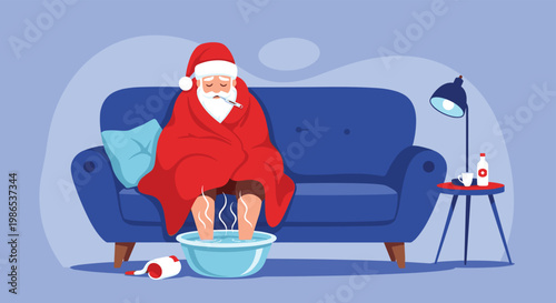 Humorous illustration of a sick Santa Claus sitting on a blue sofa wrapped in a blanket with his feet in a basin of water.