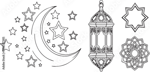 Islamic Crescent Moon with Shooting Stars and Lantern Outline Graphics Keywords: Islamic, crescent, moon, stars, shooting