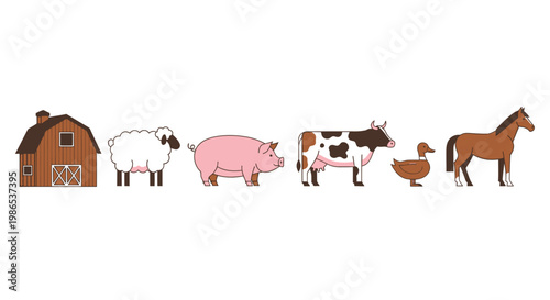 Farm animals and barn scene.