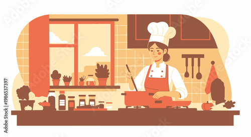 Chef in kitchen wearing apron.