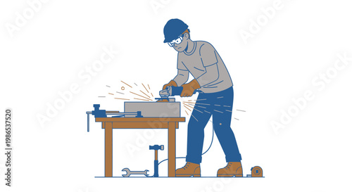 Man wearing safety gear cutting metal.