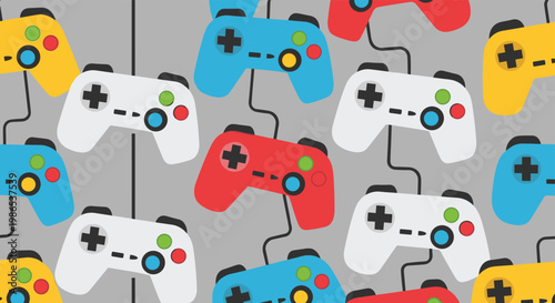 Colorful pattern of video game controllers in blue red yellow and white colors on a grey background for gamers.