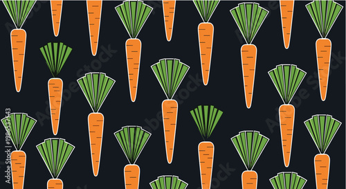 Seamless pattern design featuring many orange carrots with green tops arranged on a dark grey background for textile.