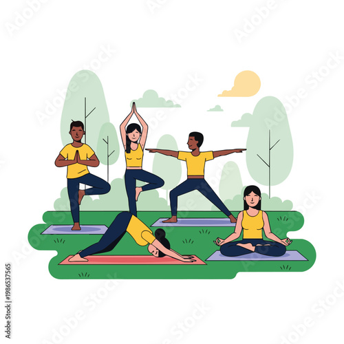 People doing yoga poses together outside.