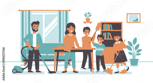 family cleaning together at home.