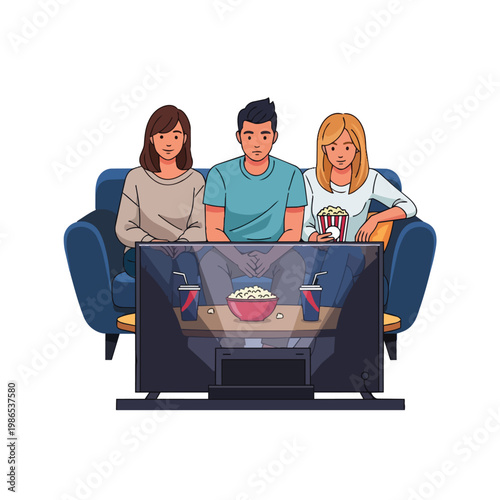 Three friends sitting on couch watching TV.