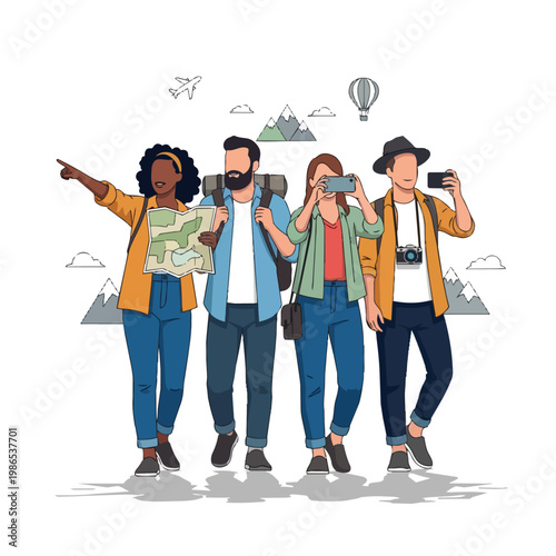 Group of young travelers on adventure.