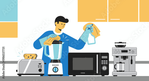 Man cleaning kitchen appliances with cloth.