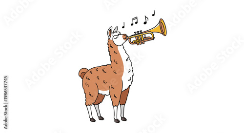 Llama Playing Trumpet Musical Instrument.