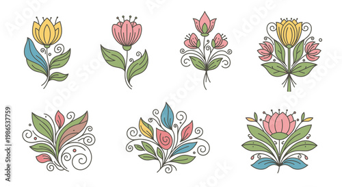Colorful floral designs with leaves.