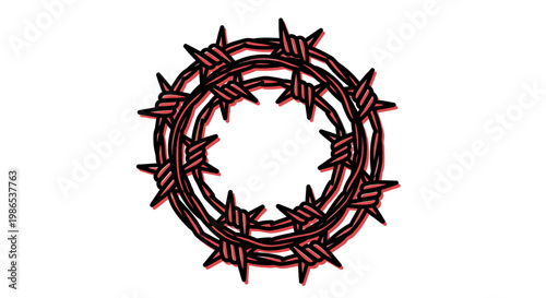 Barbed wire circle with sharp spikes.