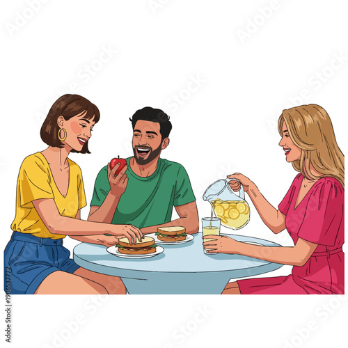 People sitting at a table eating.