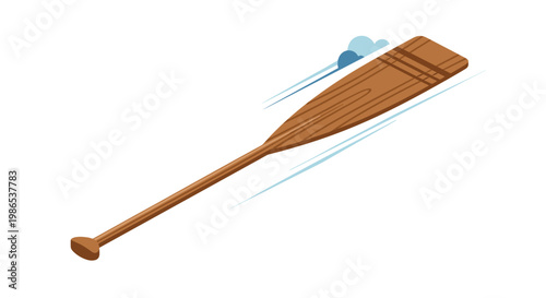 Single wooden boat oar or paddle shown moving through the air with speed lines on a clean white background for sport design.