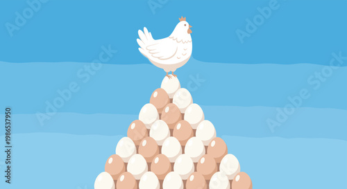 White chicken character standing proudly on top of a large pyramid of various brown and white eggs against a blue sky.
