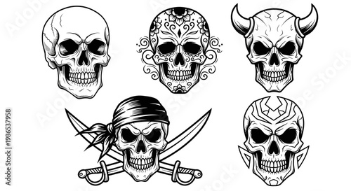 Skulls with various designs and expressions.
