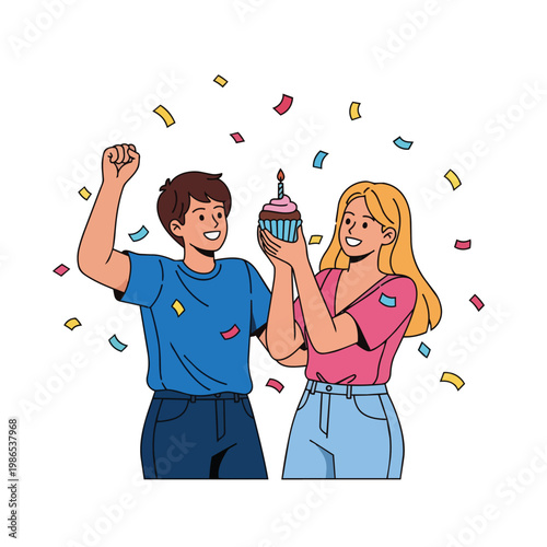 Young couple celebrating with birthday cake.