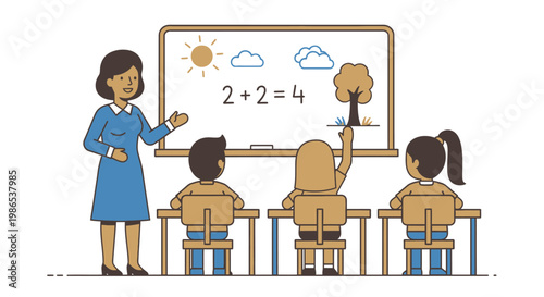 Teacher and students in classroom setting.