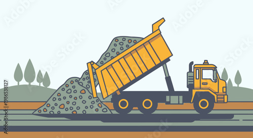 Large yellow dump truck carrying gravel.