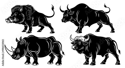 Four black and white bull illustrations.