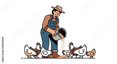 Man feeding chickens in overalls.