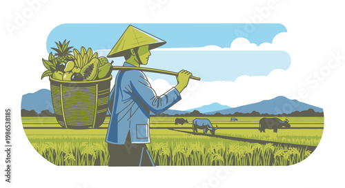 Man in conical hat carrying basket.