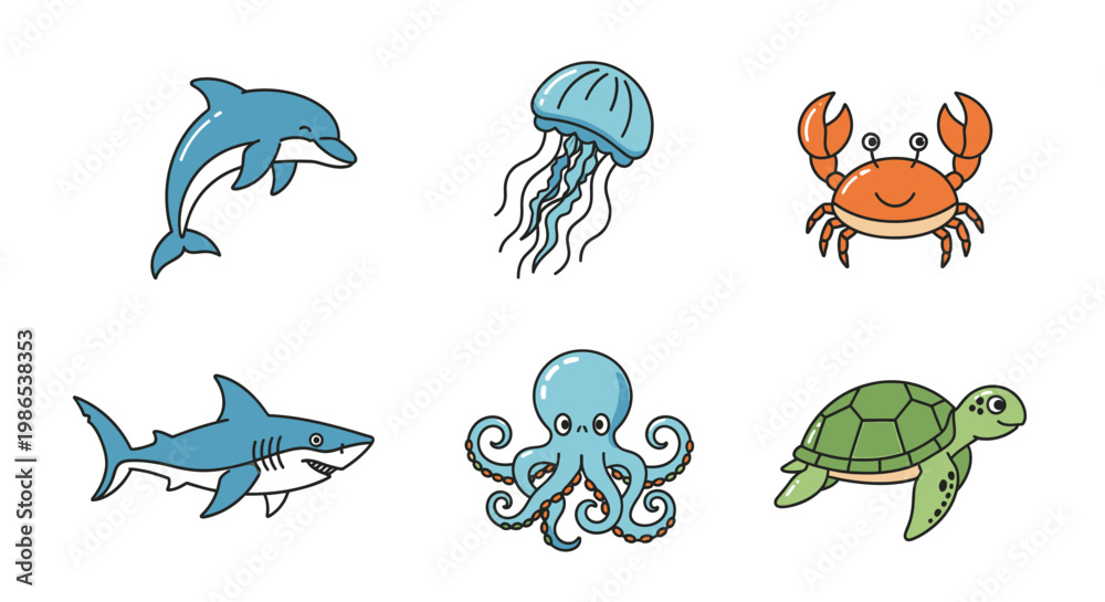 Fototapeta premium Sea creatures including dolphin crab.