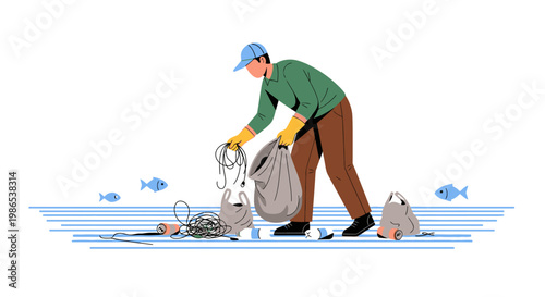 Man collecting fishing net on shore.