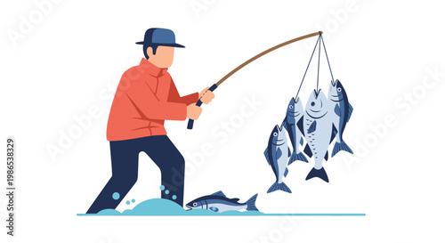 Man fishing with multiple fish caught.
