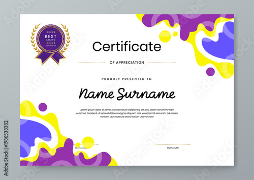 Modern landscape diploma template with colorful liquid splash background and elegant golden nomination wreath badge