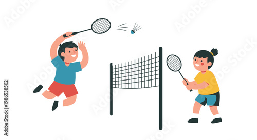 Two kids playing badminton sport game.