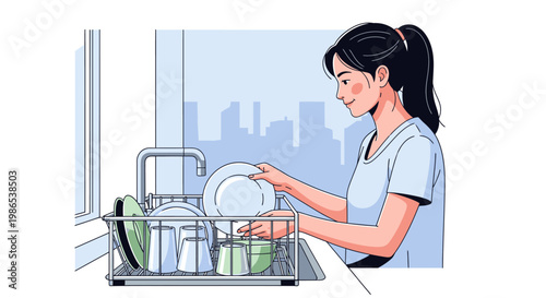 Woman washing plate in kitchen sink.
