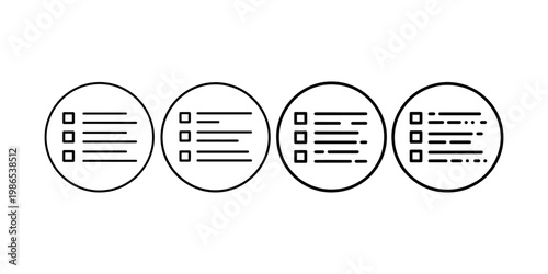 Four distinct simple outline icon designs showing a checklist with varying levels of completion, arranged horizontally on a white background